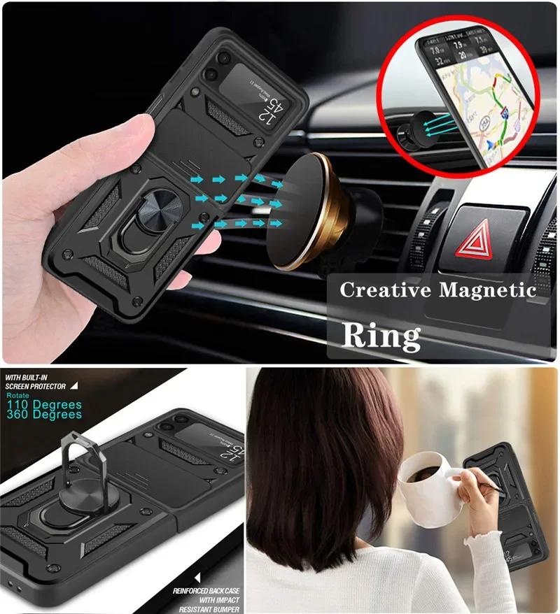 Armor Shockproof Case for Samsung Z Flip7 6 Magnetic Car Ring Holder Stand Back Case Slide Lens Cover for Galaxy Z Flip 7 6 5 4