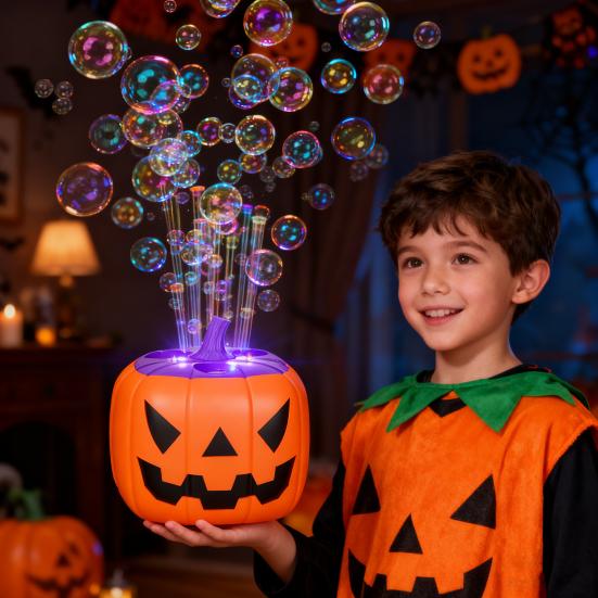 Halloween Pumpkin Bubble Machine Automatic Blower with Music & LED Lights Rechargeable Kid's Toy for Party Favors Outdoor Fun