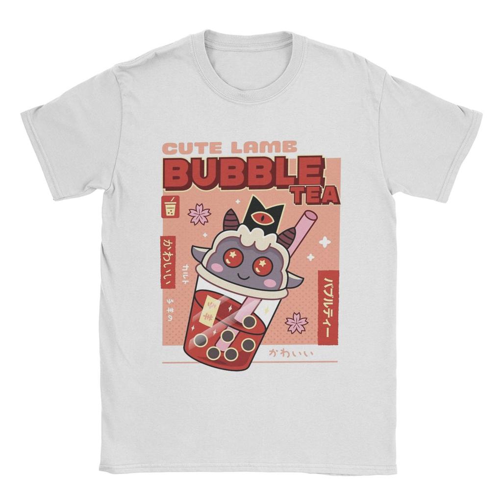 Casual Cute Lamb Bubble Tea Cult Of The Lamb T-Shirt Men O Neck 100% Cotton T Shirt Game Anime Tees Printing Clothes