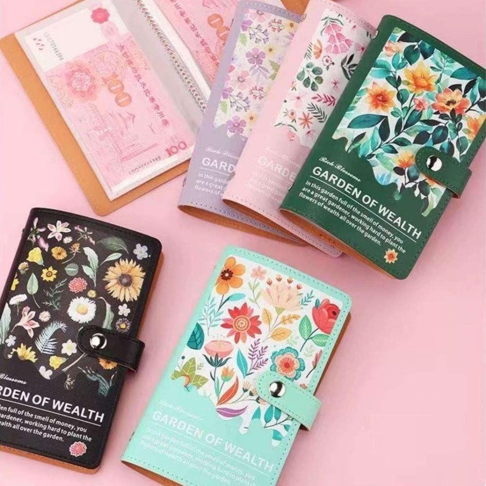 Budget Plan Money Saving Binder Leather Cover Flower Printed Cash Budget Notebook Waterproof Reusable Account Book