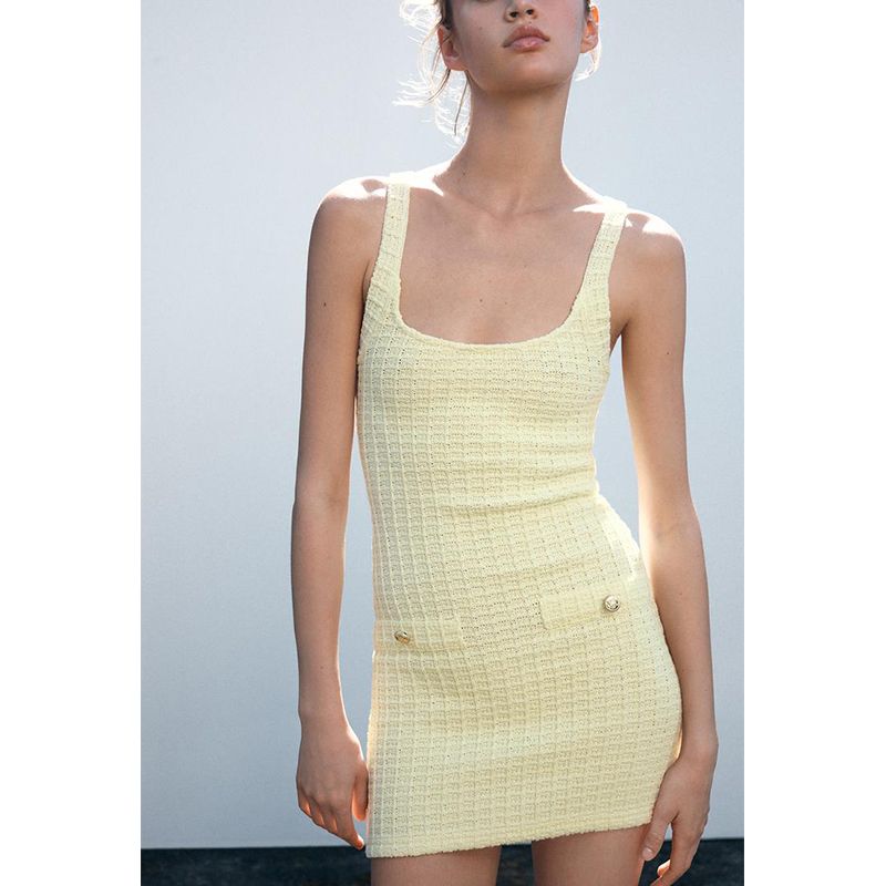 Summer New Product Women's Clothes Romantic Style Fastener Decoration Stretch Crew Neck Wide Shoulder Strap Short Dress 5063343