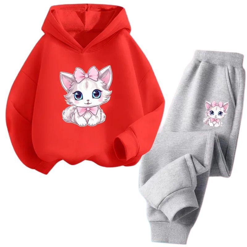 

Милые толстовки и штаны с принтом мультяшного кота для девочек, комплекты одежды, костюмы для девочек, милые топы для детей, наряды для девочек, спортивные костюмы 160