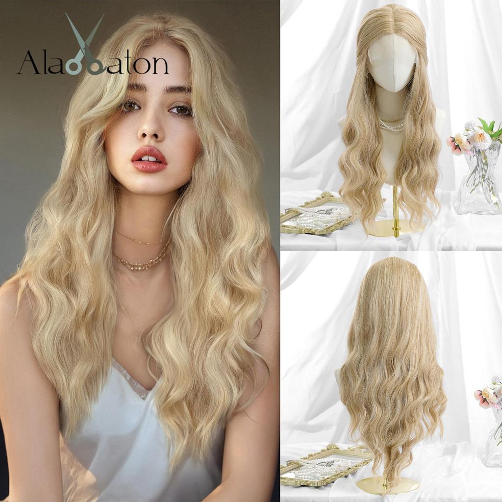 ALAN EATON Lace Front Blonde Ombre Wigs Synthetic Long Straight Wig with Dark Root for Women Daily Cosplay Party Heat Resistant Fiber