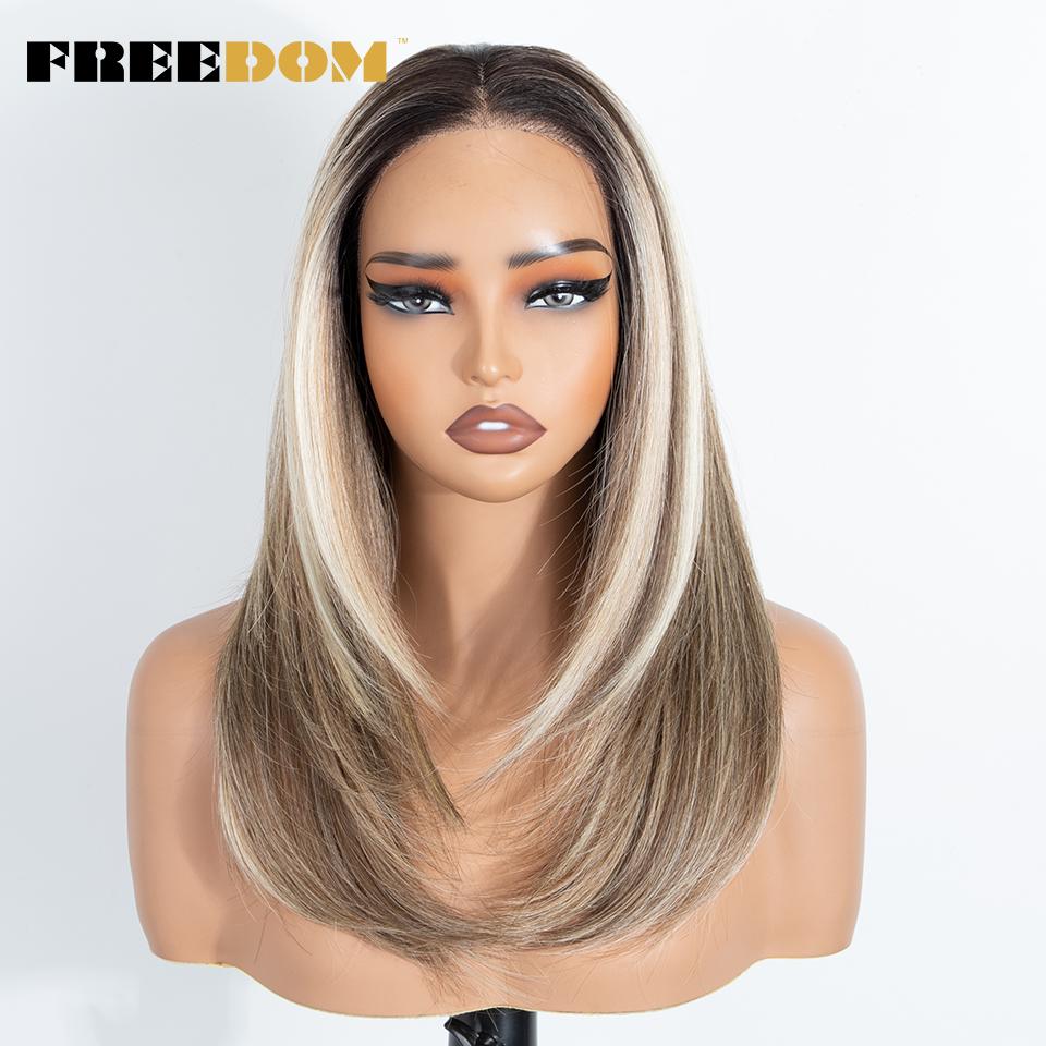FREEDOM 13x3 Layered Synthetic Lace Front Wigs For Women 18 Inch Straight Ombre Brown Blonde Lace Wig Pre-plucked Highlight Wigs