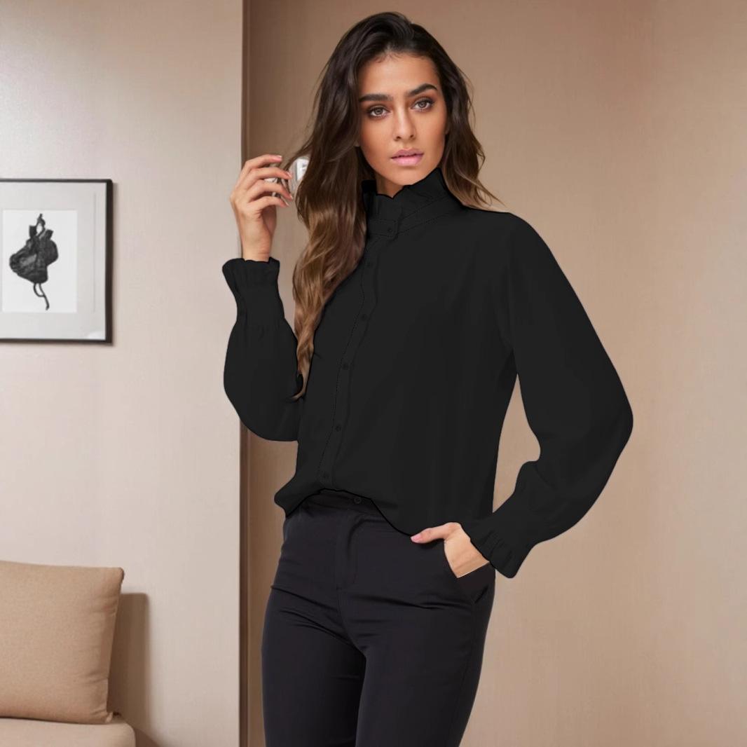 

Ladies Casual Long Sleeve Ruffles Stand Collar Solid Color Plus Size Blouse Shirt Top 5XL чорний