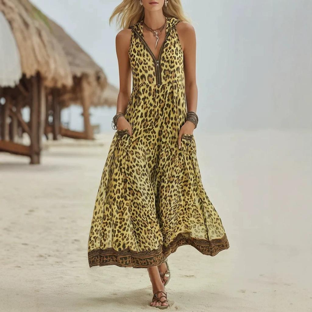 2026 European and American Elegant Leopard Print Sleeveless Vest Zipper Deep V-neck Dress, Hooded Temperament Women's Summer