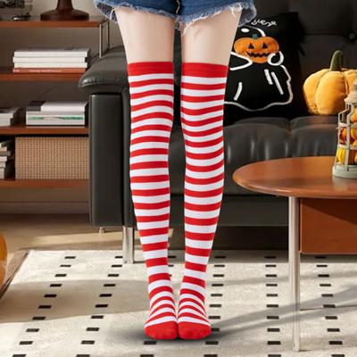 Womens Striped Arm Warmers Leg Warmers Set Winter Knitted Over The Knee High Socks Long Fingerless Gloves Set for Christmas Halloween