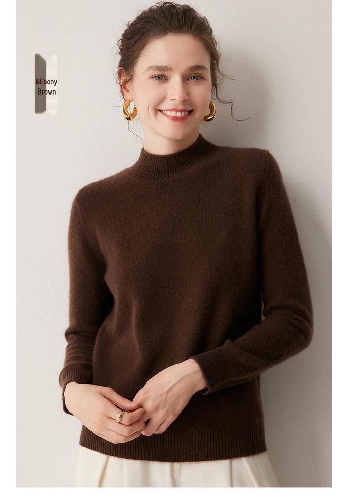 Women's 100% Cashmere Thickened Long Sleeve Sweater - Half-High Neck, Versatile Knit Base Layer for Autumn/Winter