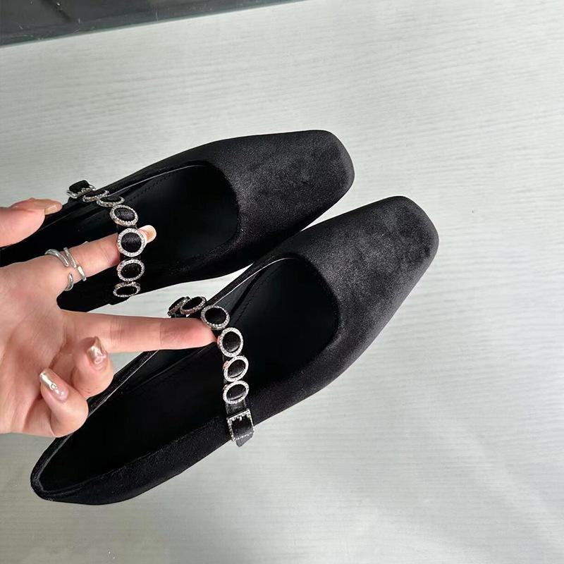 Sheepskin version~ French square head shallow mouth temperament rhinestone word with Mary Jane shoes women's suede low heel flat sole single shoes