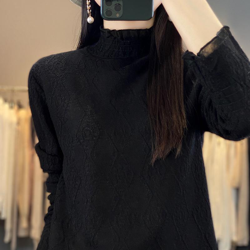 Women's Chiffon Knit Lace Long Sleeve Top with Half High Collar