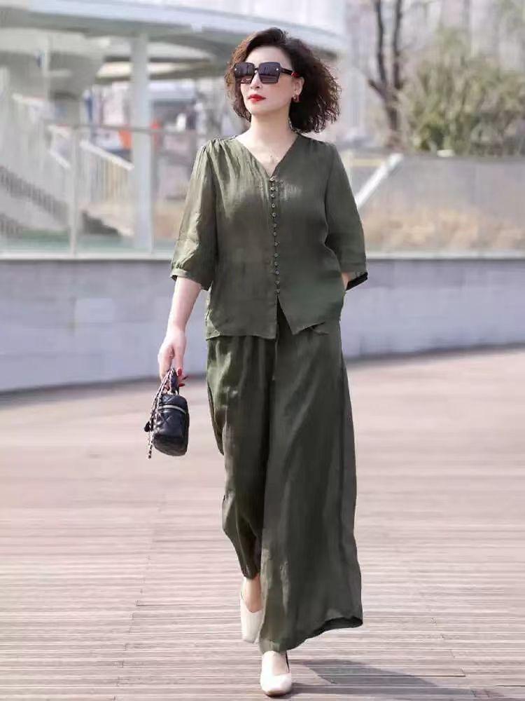 Tencel Linen Summer 2026 Korean Style Two-Piece Set: Top & Wide-Leg Pants for Middle-Aged Women