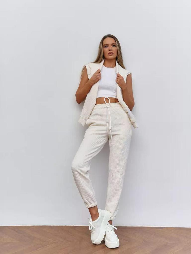 European & American Casual Women's Long-Sleeved Half-Zip Top with Tie-Up Pants Set