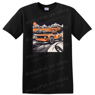 Vintage Muscle Car Driving T Shirt with Graphic Mountain Landscape Tee