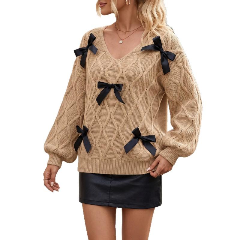Womens V-Neck Knit Sweater With Bow Detail Lantern Sleeve Chunky Ribbed Soft Fleece-Like Fabric Fall Winter Casual Top