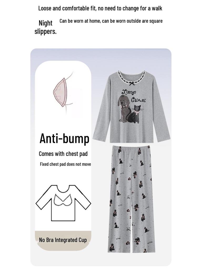 Women's Cute Cartoon Cotton Pajama Set with Chest Pad – Long Sleeve & Pants for Spring/Autumn