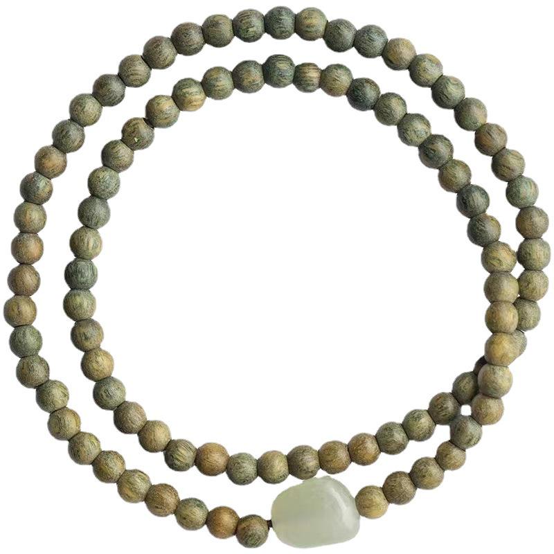 4mm Green Sandalwood & Hetian Jade Bead Bracelet - Ancient & Refined Buddhist Style for Women