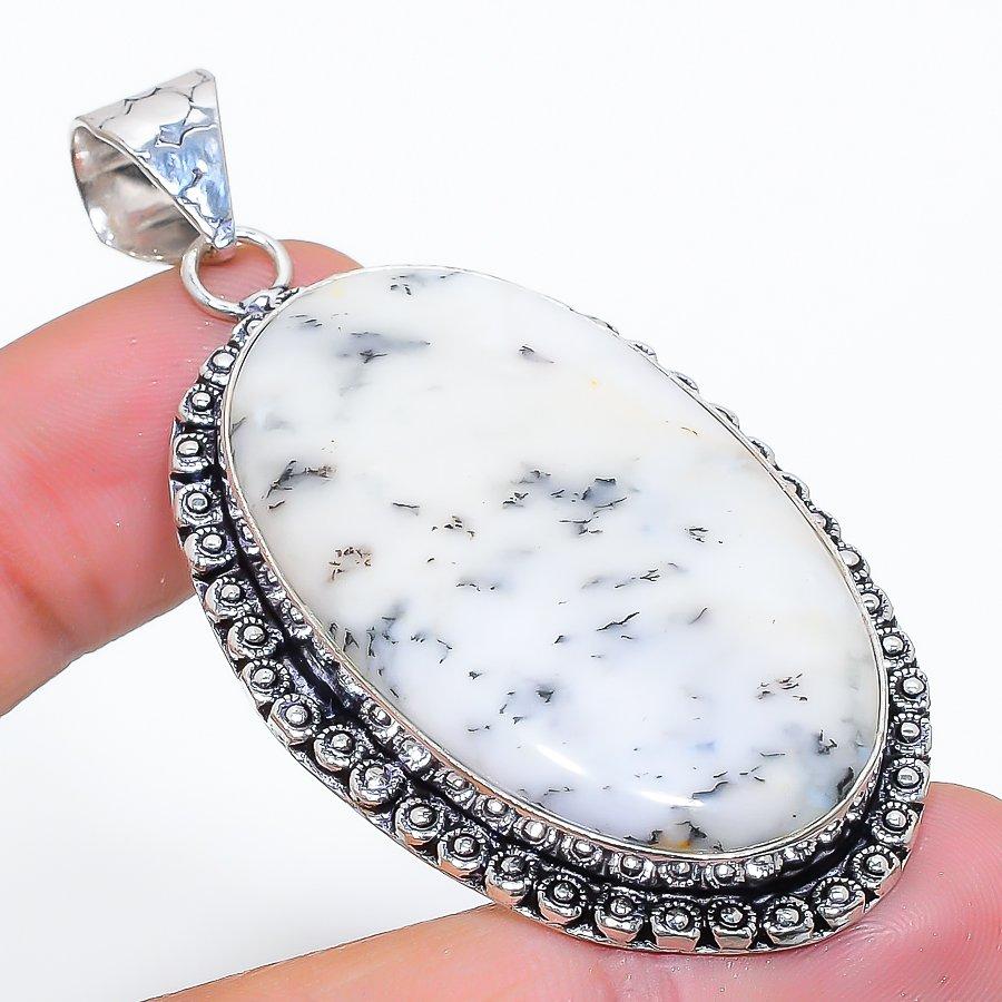 Dendrite Opal Gemstone Handmade 925 Sterling Silver Jewelry Pendant 2.52" SU-10710