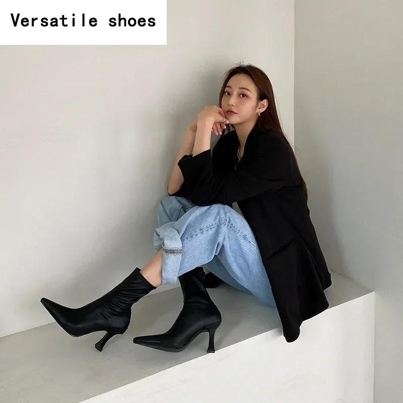 Black Women Ankle Boots Woman Thin High Heel Fashion Pointed Toe Zipper Winter Women's Shoes Leather White Short Booties