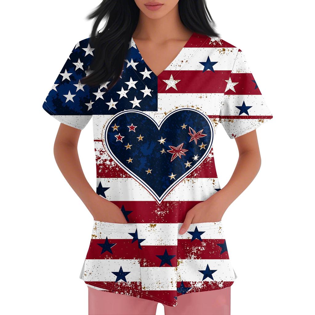 Damen Kurzarm Unabhängigkeitstag Aufdruck V-Ausschnitt Tasche Arbeitskleidung Oberteil