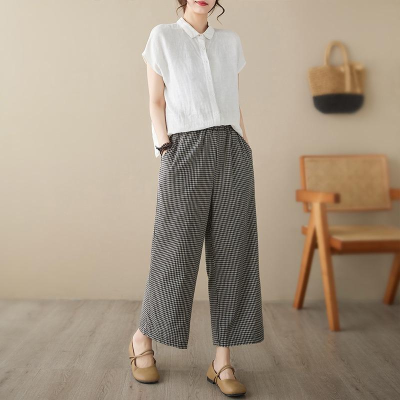 Summer new cotton and linen elastic waist loose casual nine-point wide-leg straight pants women's thin