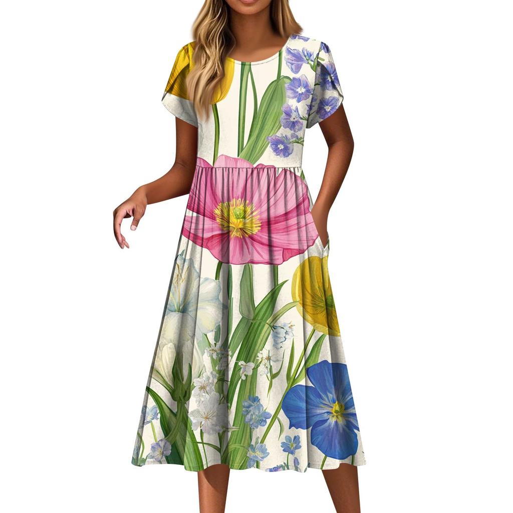 Dámské módní ležérní šaty s volným potiskem s kulatým výstřihem a kapsou s krátkým rukávem