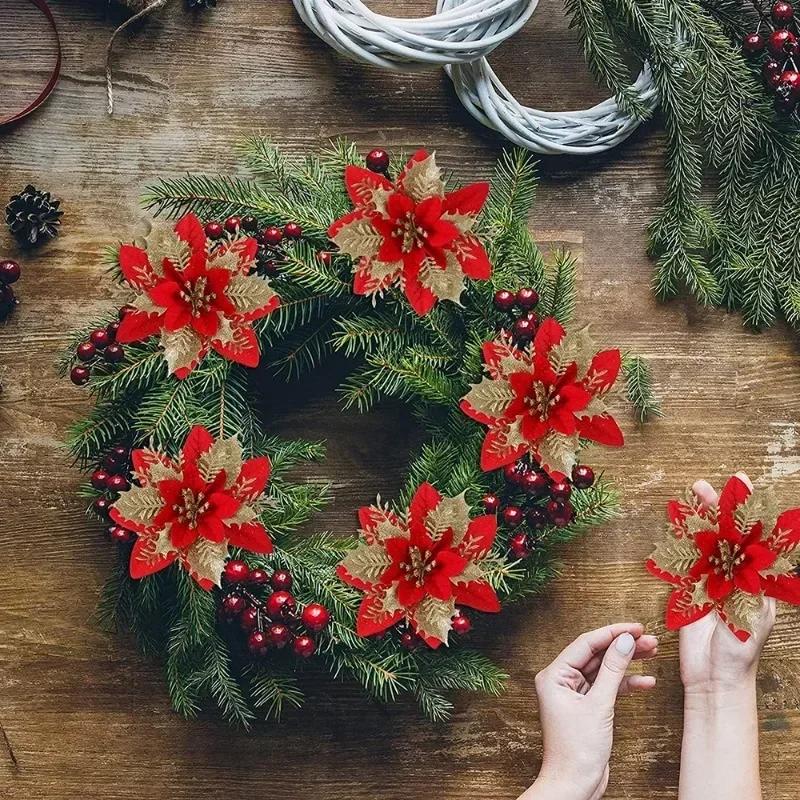 20/5PCS Artificial Glitter Christmas Flowers with Clip Xmas Tree Hanging Ornament Fake Flower New Year Party Home Decor Supplies