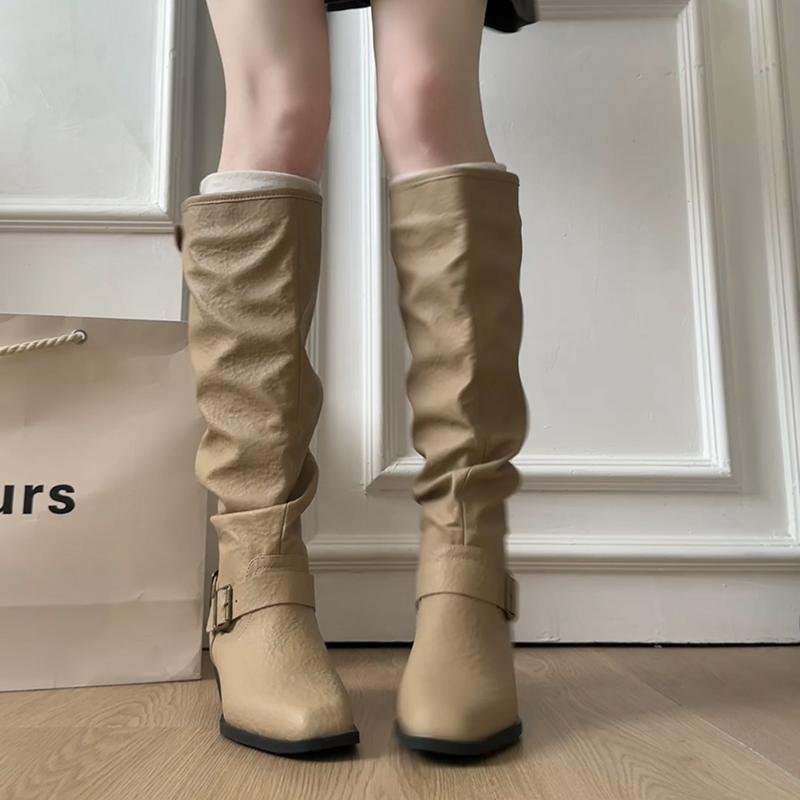 Autumn Winter Pointed Toe Pleated Women Knee High Boots Square Heels Long Booties  De Mujer