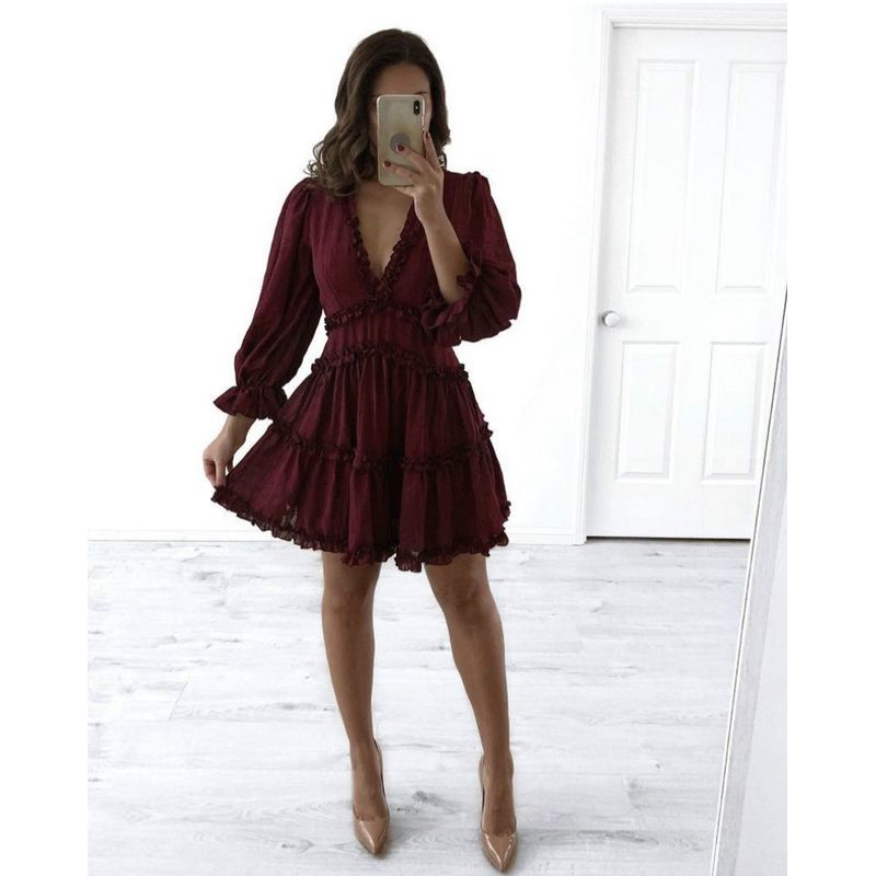 

V-neck Dress New European and American Print V-neck Backless Long sleeve Wooden Ear Sexy Chiffon Beach dress Burgundy S