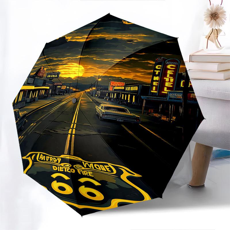 Route 66, Neon-Schilder-Thema, Automatischer Öffnungs- und Schließschirm, Helle Farbe, 8 Speichen, Tragbarer Schirm, Geeignet für Männer und Frauen, A