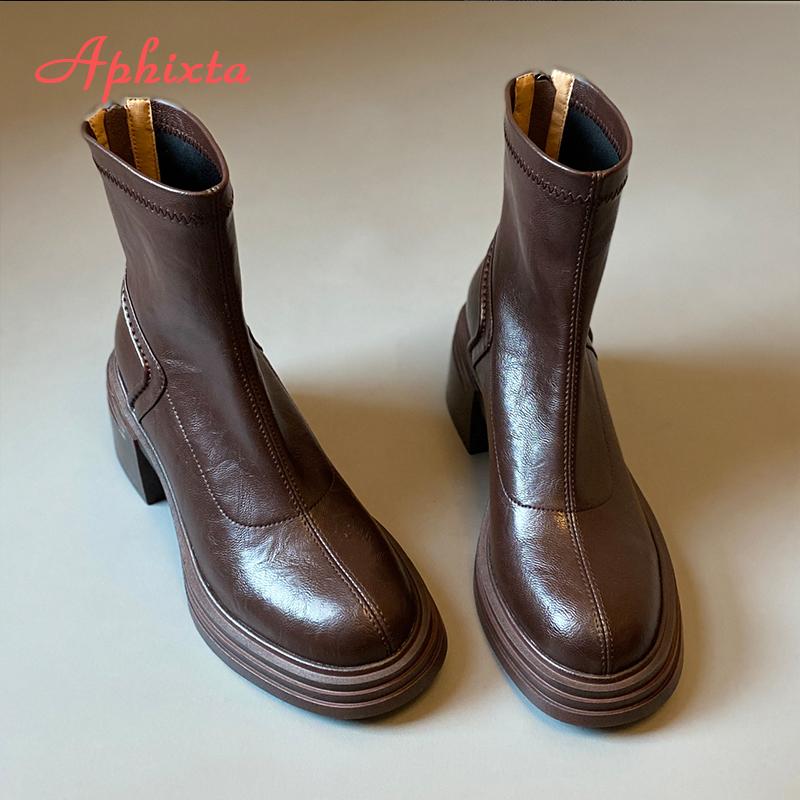 Aphixta Retro Chelsea Shoes Classic Woman Ankle Boots Square Heel Platform Boot Patent Leather Winter Black Ankle Boots