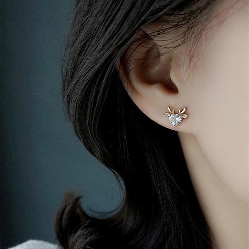 European And American Exquisite Antlers Love Stud Earrings Inlaid With Zircon Cute Lady Jewelry, Christmas And Holiday Models