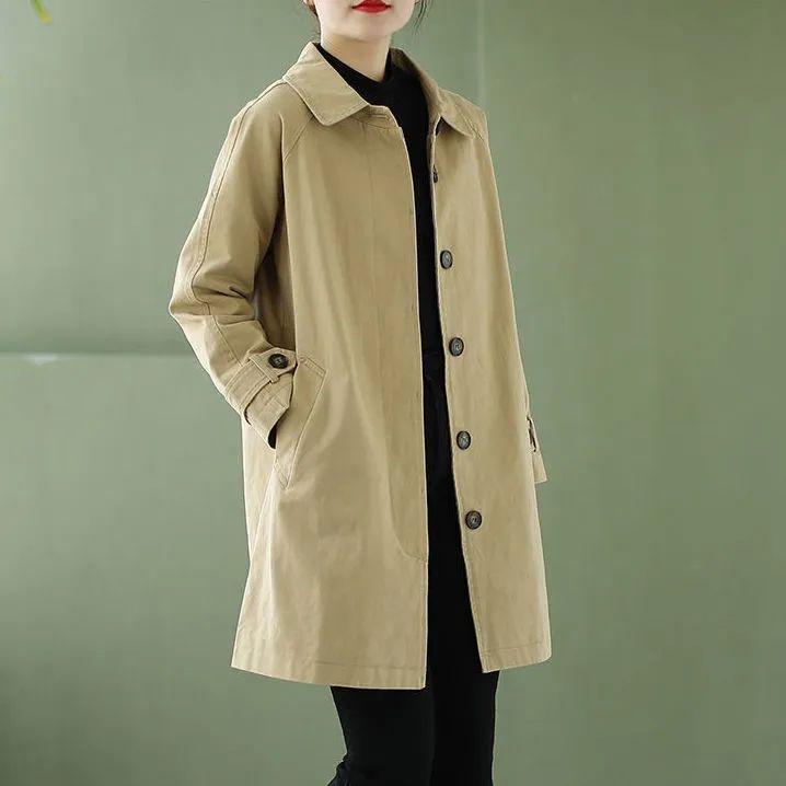 Women's Plus-Size Washed Cotton Trench Coat, Mid-Length, Loose Fit, Korean Style, for Spring and Autumn.