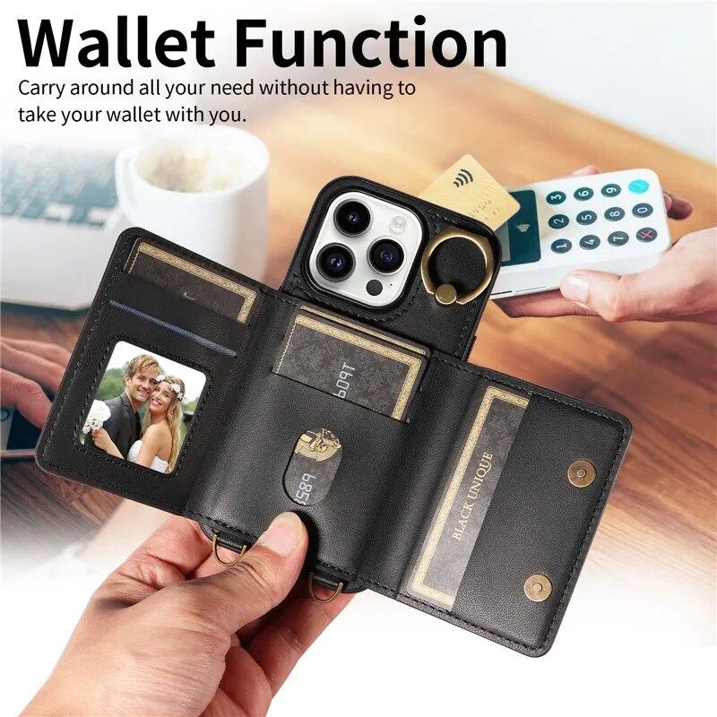 Ring Lanyard Leder Brieftasche Fall für iPhone 15 Pro Max 14 Plus 13 Pro 12 Samsung Galaxy S24 Ultra S23 S22 21 FE A25 A15 A54 A34 A14 Flip Telefon Abdeckung