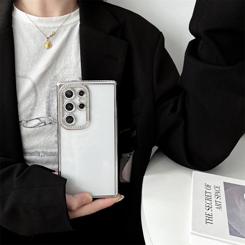Luxury Plating Glitter Diamond Edge Clear Case For Samsung S24 S23 S22 Ultra Plus Camera Protection Transparent TPU Soft Cover
