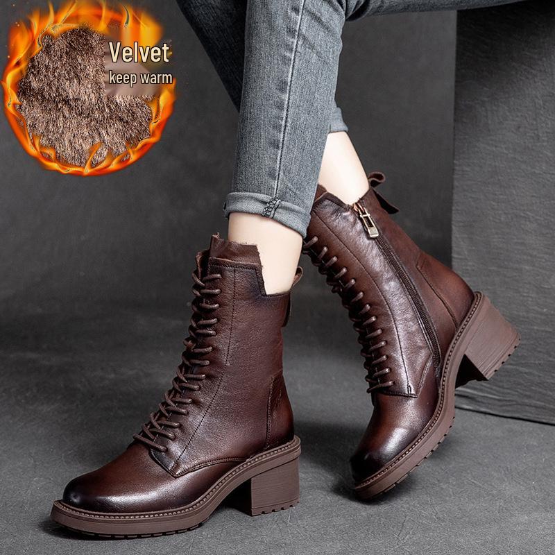 Shanghai Jie Zhou Herbstliche Stiefeletten mit runder Zehenpartie, Blockabsatz, aus Rindsleder, modische Martin Boots mit seitlichem Reißverschluss – Mittelhohe Stiefeletten
