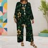 Women Plus Size Round Neck Long Sleeve Floral Printed Layered Top Wide Leg Cropped Pants Two Piece Set