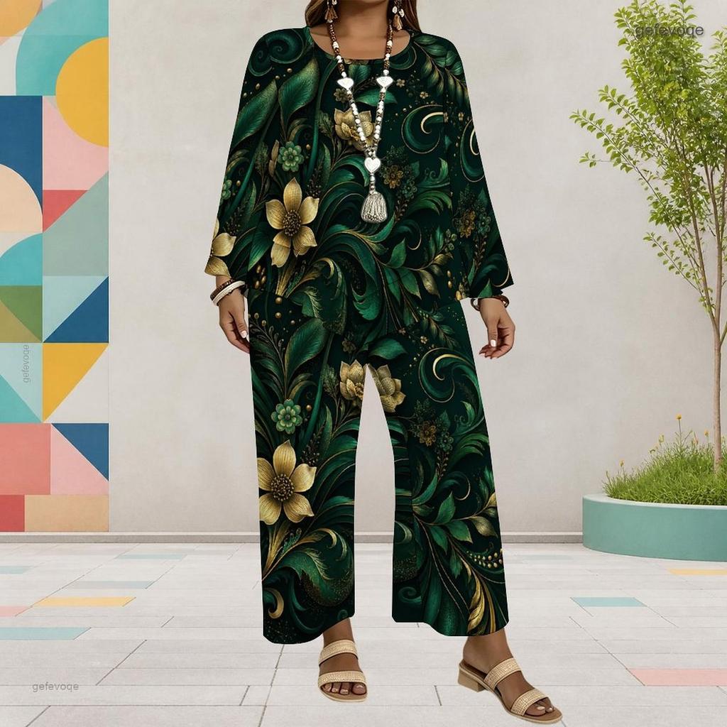 Women Plus Size Round Neck Long Sleeve Floral Printed Layered Top Wide Leg Cropped Pants Two Piece Set