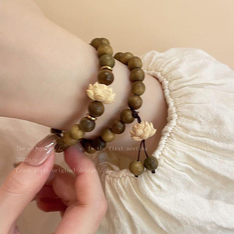 Vintage Zen Lotus Wooden Bead Bracelet For Women Girls