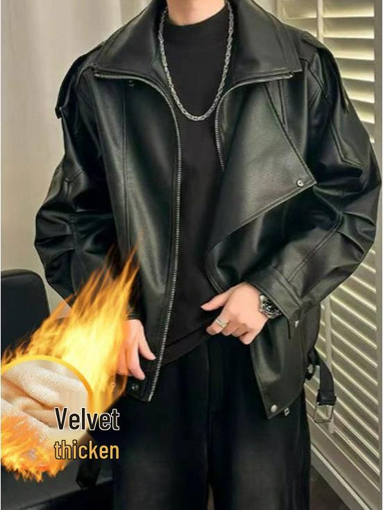 2025 Unisex Velvet-Lined Leather Motorcycle Jacket - High-End Punk Winter Style
