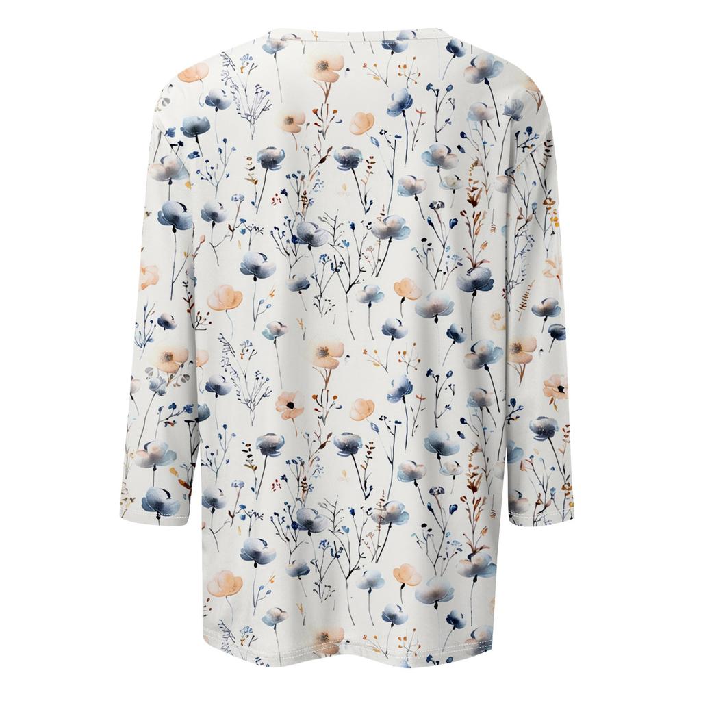 Women's 3/4 Sleeve Square Neck Floral Shirt Casual Loose Tunic Top
