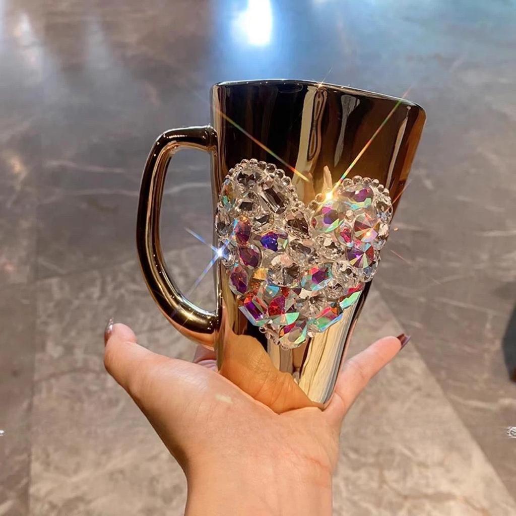 Sparkling Heart Diamond-encrusted Glass Coffee Mug Cup Light Luxury Tempered Glass Milk Tea Beverage Cup With Handle Water Mugs