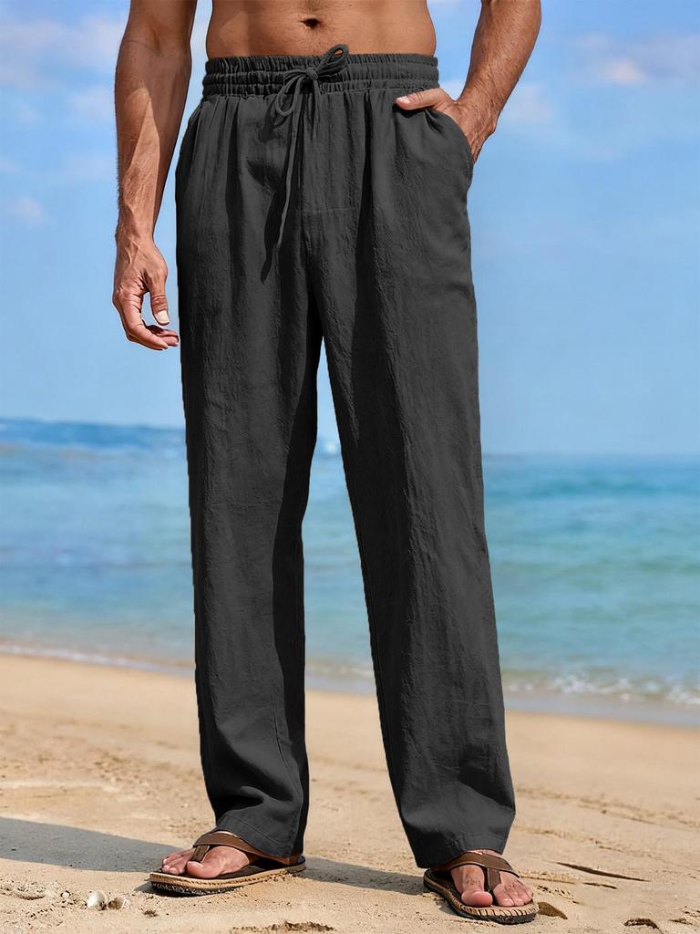 Pantaloni da Uomo Estivi in Misto Lino Gamba Dritta Leggeri Traspiranti da Spiaggia Casual con Vita Elastica e Coulisse per Comfort Tutto il Giorno