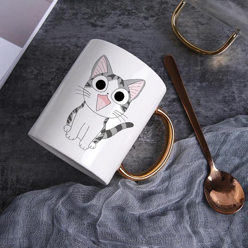 Creative cartoon Cat mug with spoon, 400ml teacup coffee ceramic mugs office cup office Drinkware couple cup gift