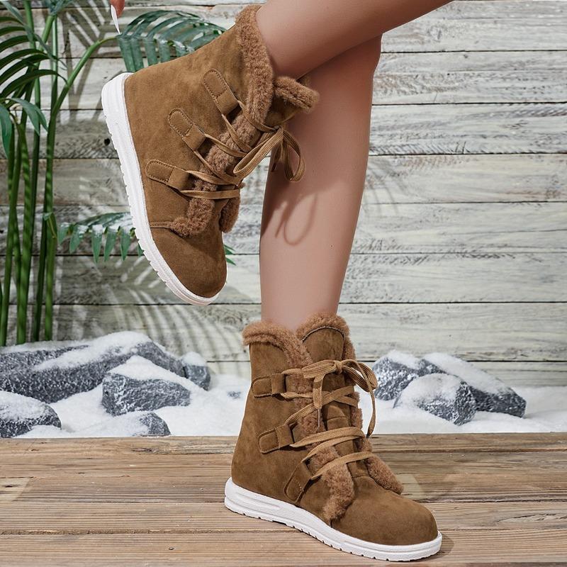 2025 Winter New Lace-up Warm Cotton Shoes Women's Flat Fleece Thickened Plus Size Snow Boots