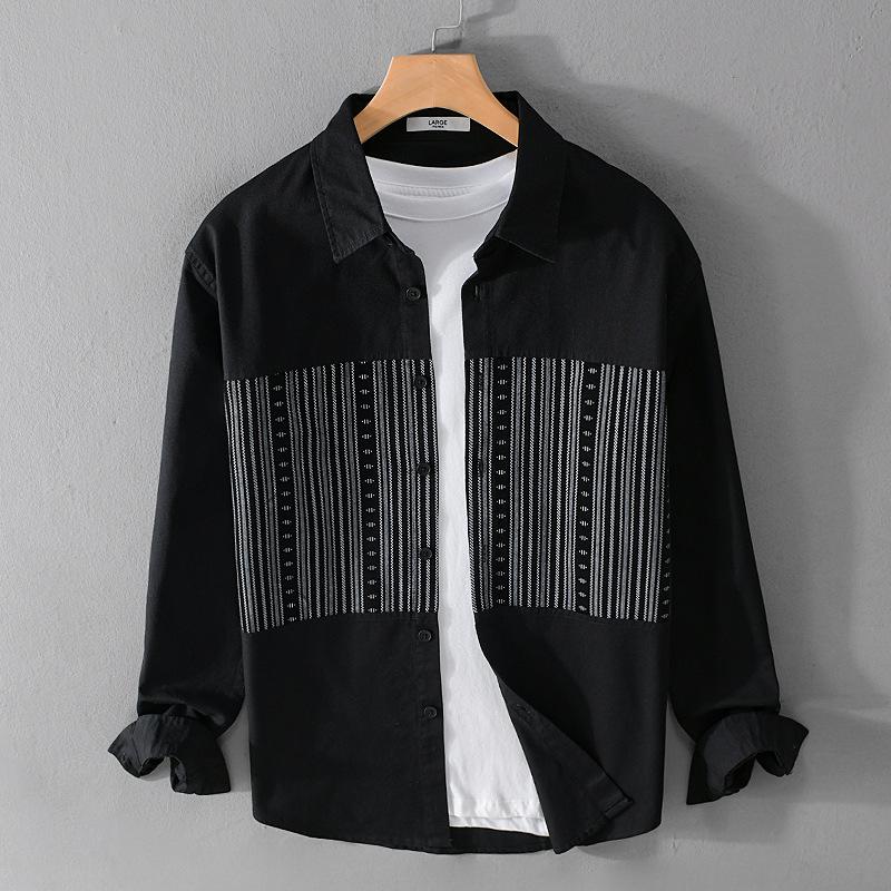 Jarní a letní ležérní bílé košile pro muže Denní ležérní košile s dlouhým rukávem z čisté bavlny Košile se sešíváním pruhů Módní pánské topy pro mládež