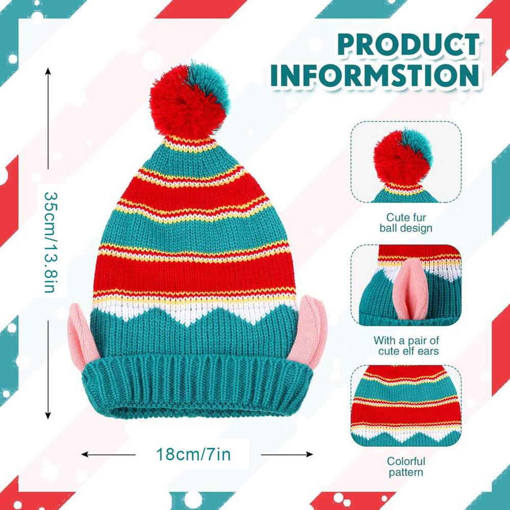 Knit Winter Hat Christmas Ski Hat With Ball And Ears Windproof Holiday Headwear Warm Cozy Beanie For Outdoor Activities