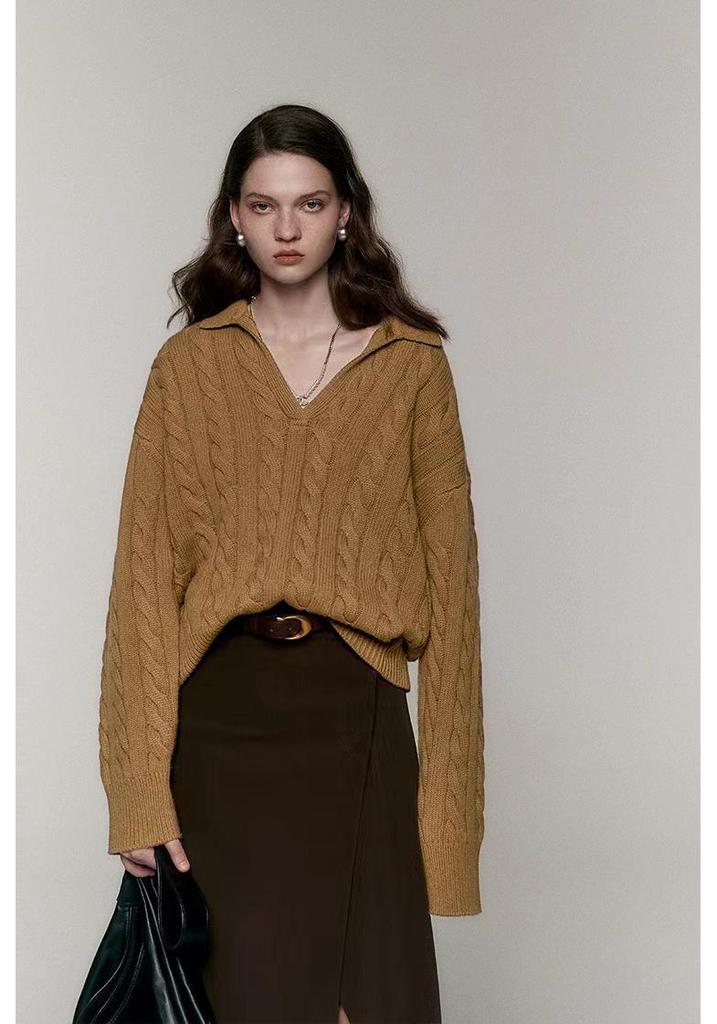 2024 Korean V-Neck 100% Pure Wool Loose Knit Pullover Sweater