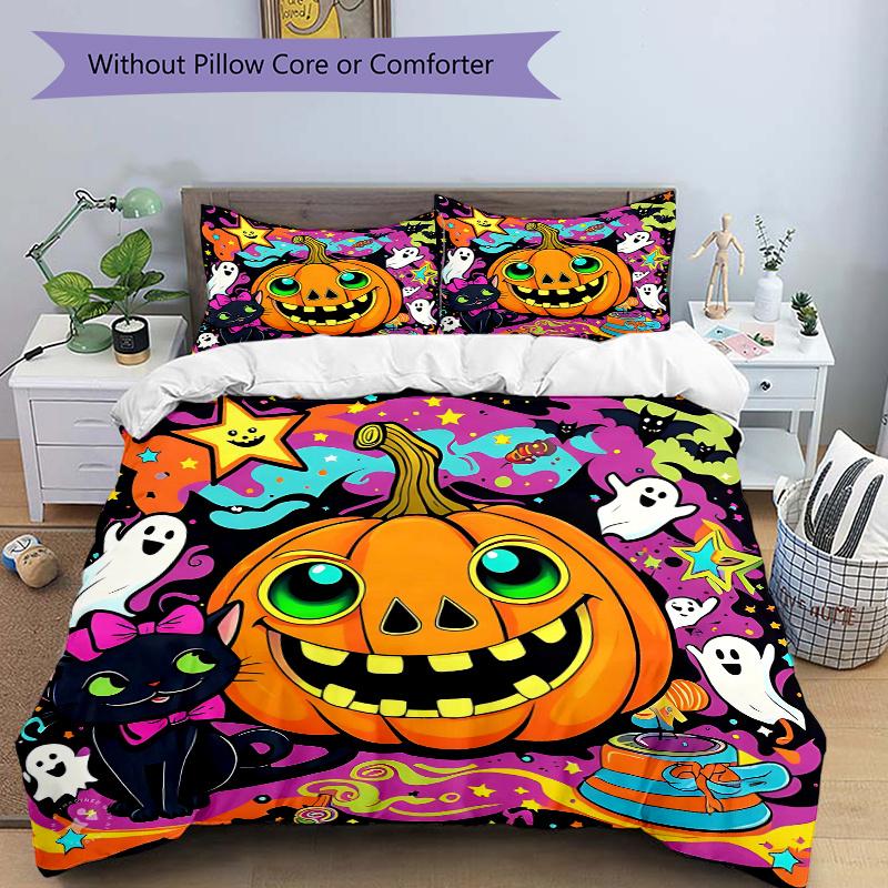 

3pcs Happy Pumpkin Halloween Bedding Set - Includes 1 Quilt Cover and 2 Pillowcases, Comfortable Bedding with Stylish Design for Bedroom,N059 135x200cm