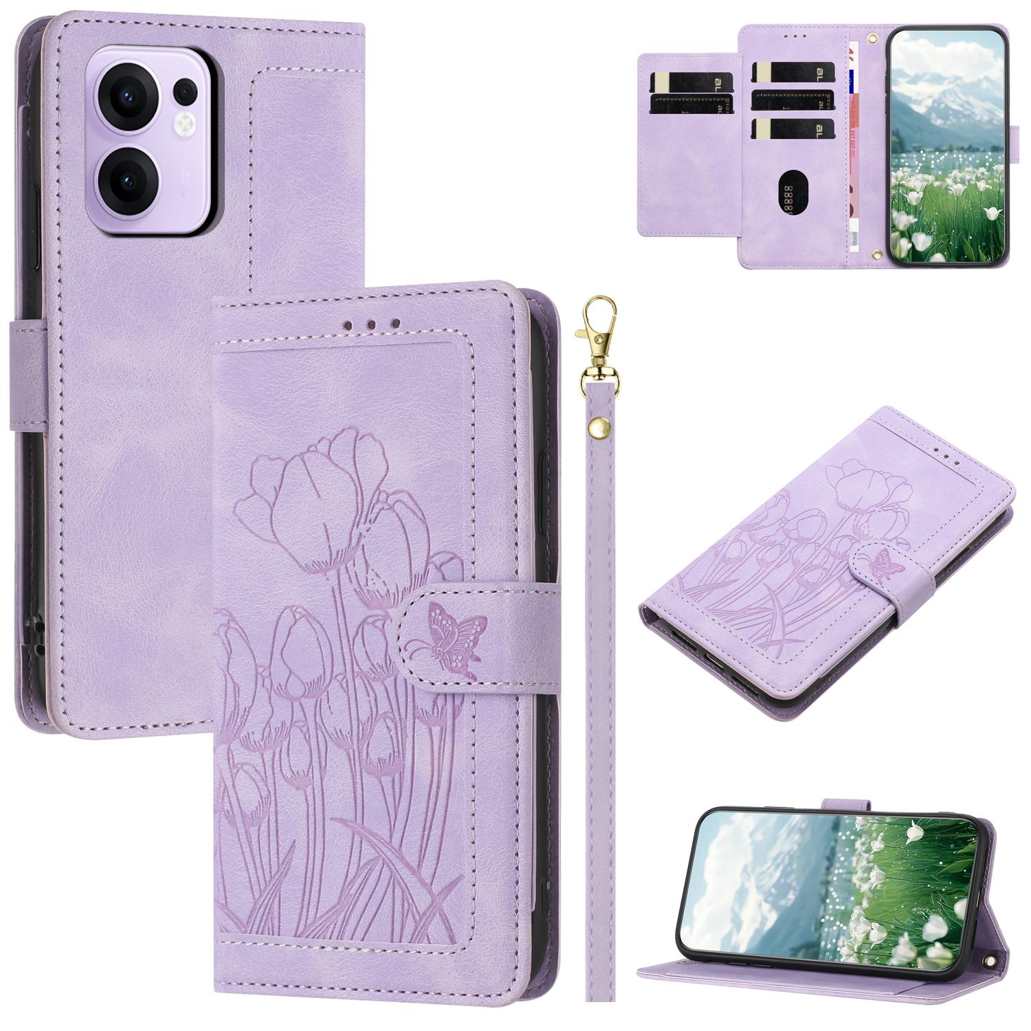 

For Oppo Reno13 F 5G/4G Case Tulip Leather Phone Cover with 5 Card Slots Wallet Purple