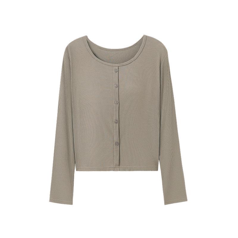 

Korean Style Long Sleeve Casual Top with Chest Pads and Button Details M